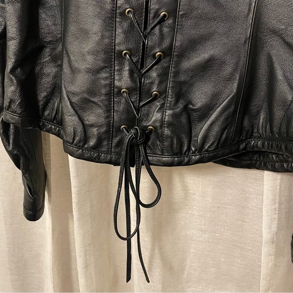 Sold ~ Black Ruched Corset Lace-up Back Motorcycle Leather Jacket - Picture 4 of 15